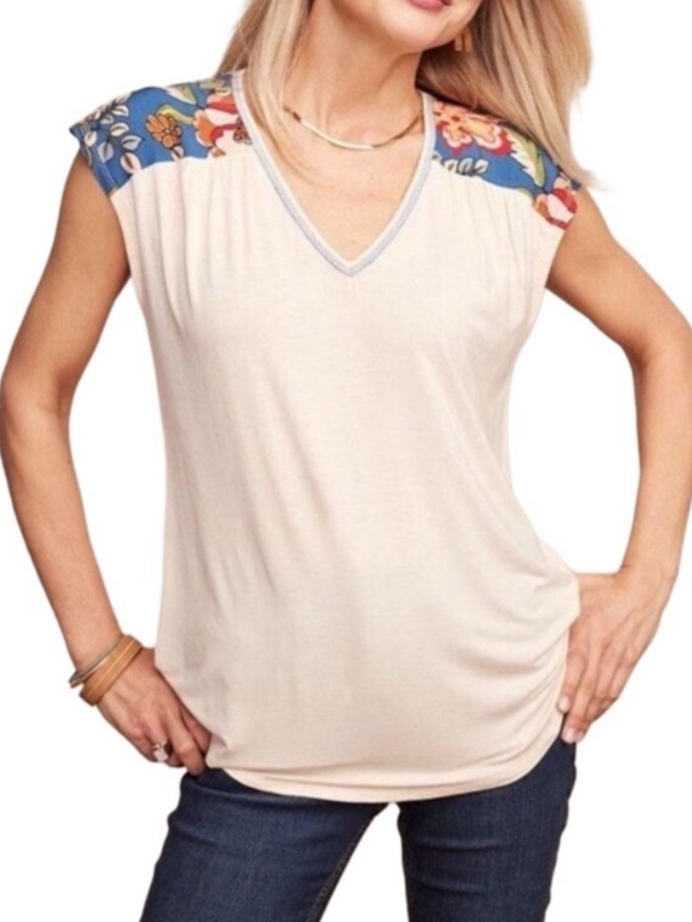 Matilda Jane Heart to Heart V-Neck Cap Sleeve Top with Floral Shoulder Accents